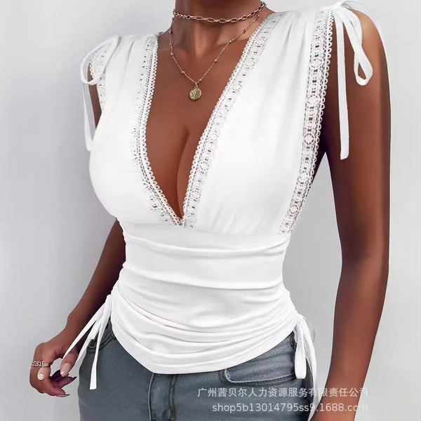 DD2320  2024 women's new lace splicing pleated sleeveless top