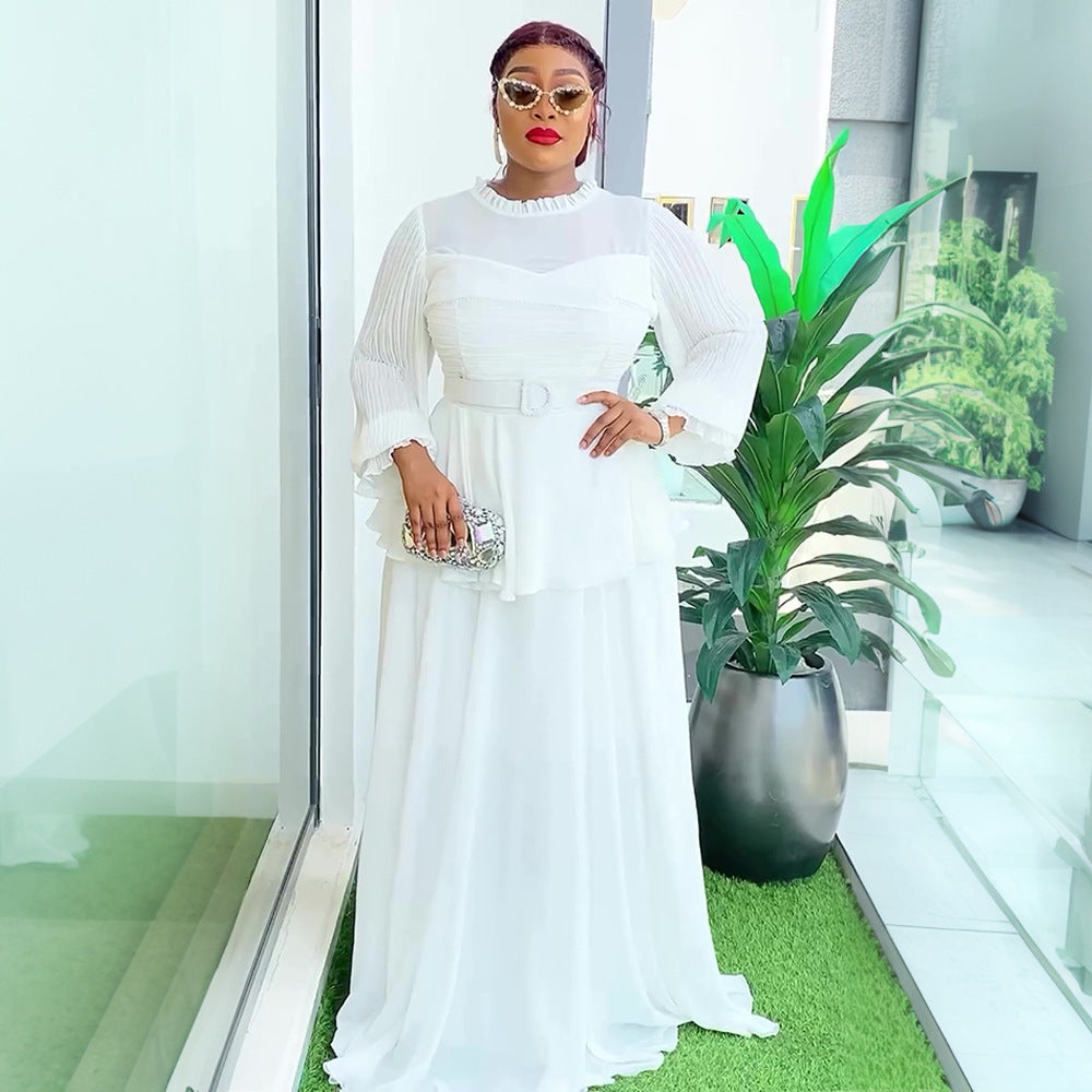 African plus-size women's fashion: european and american style ruffle trim, pleated long sleeve dress - perfect for  & cross-border e-commerce