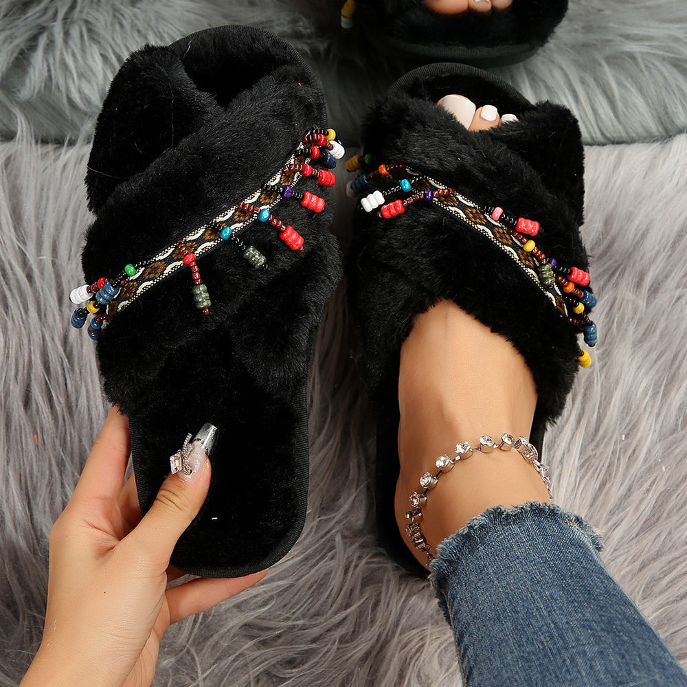 2024 winter new arrival: criss-cross soft sole ethnic style fuzzy slippers for women, plus size export flat bottom warm cotton slippers