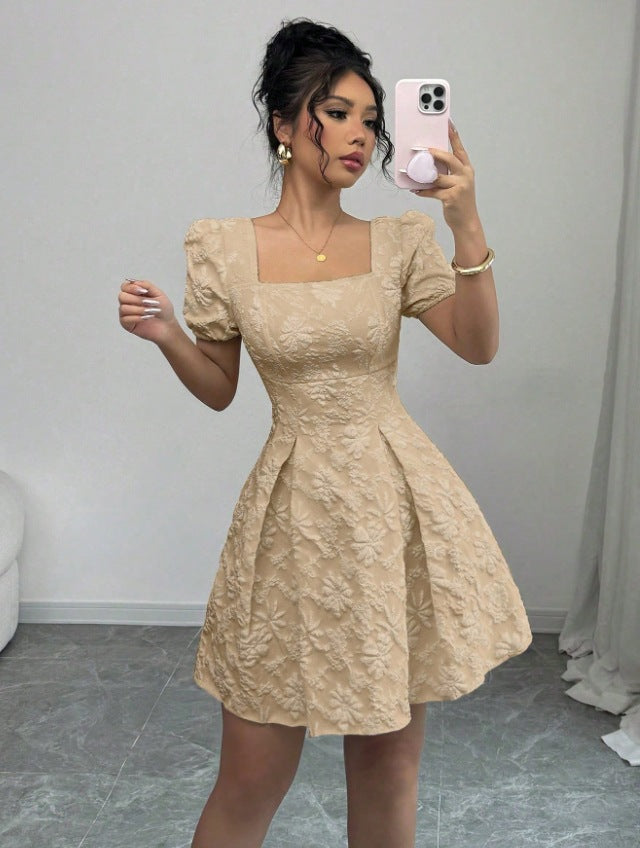 European and american cross-border  summer slim-fit women's elegant jacquard solid color puff sleeve square neck a-line dress