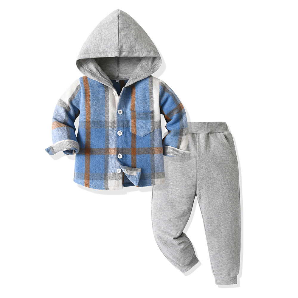 New arrival cross-border children's plaidshirtlong sleeves hoodie cotton boys spring suit boys spring children's clothing