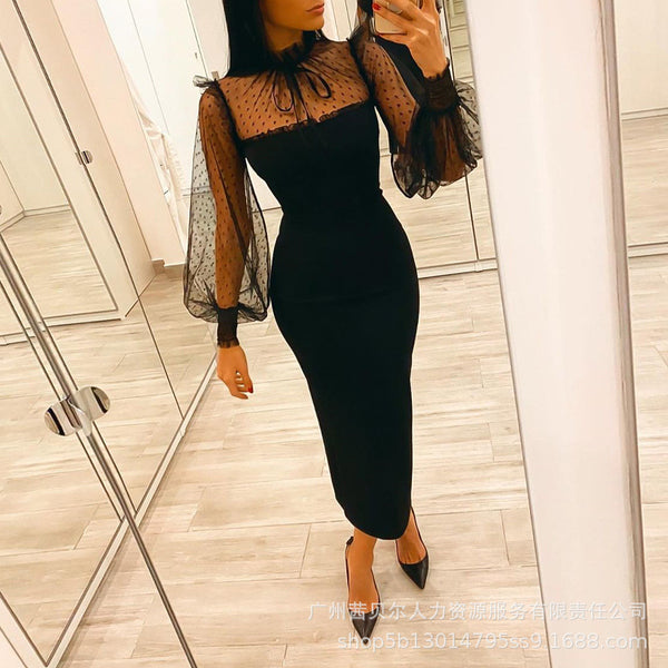 Women's clothing European and American new black mesh splicing lantern slim dress LZR12774