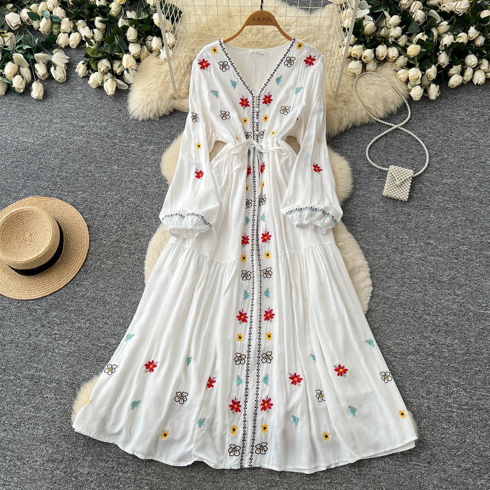 Ethnic embroidered tie-waist dress - women's summer long sleeve v-neck a-line maxi dress - elegant & chic