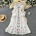 Ethnic embroidered tie-waist dress - women's summer long sleeve v-neck a-line maxi dress - elegant & chic