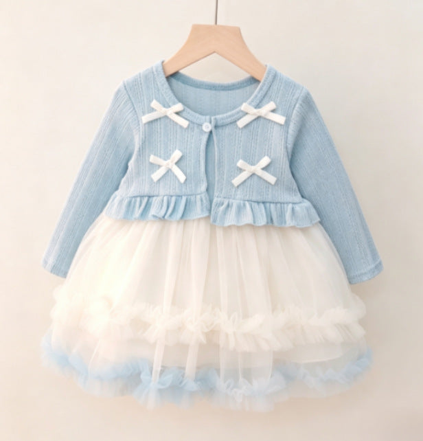 Girls' princess dress - new autumn collection: long-sleeved mesh dress with sweet bow detail - stylish and chic for little girls