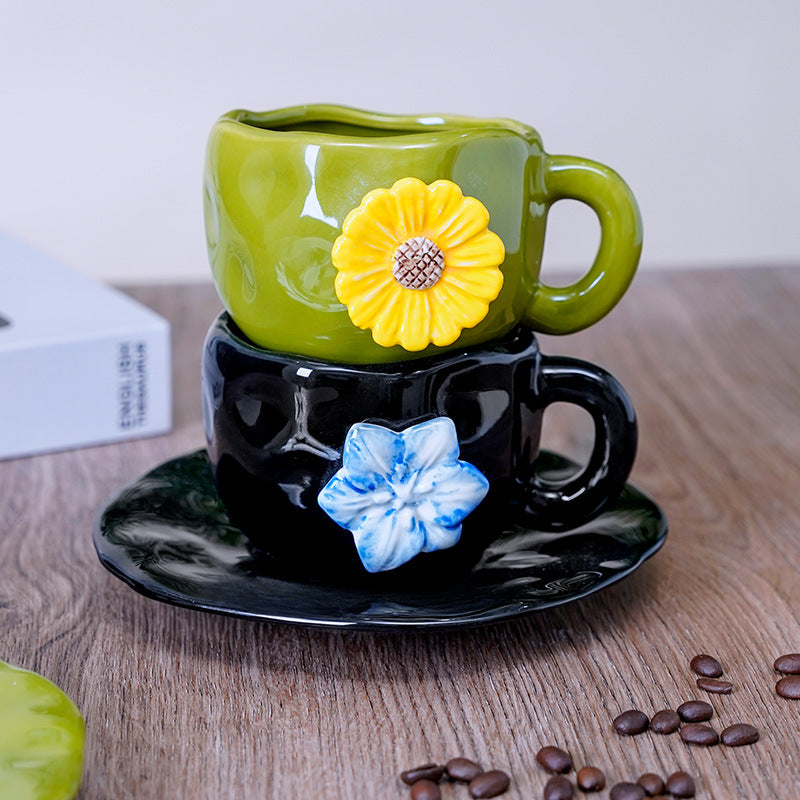 Hand-pinched embossed floral coffee cup and saucer set - home, niche, retro style ceramic milk cup, water cup, unique and high-value design