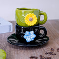 Hand-pinched embossed floral coffee cup and saucer set - home, niche, retro style ceramic milk cup, water cup, unique and high-value design