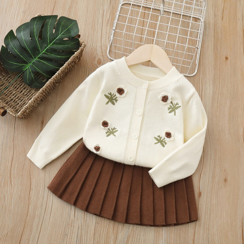 Girls' cardigan set - new autumn  collection: handmade floral knit sweater dress set for girls, kids' sweater outfit