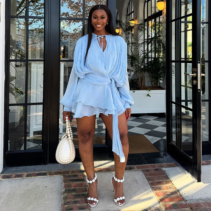 European and american cross-border women's fashion:  autumn new arrival - elegant tie-waist ruched lantern sleeve slimming ruffle hem dress