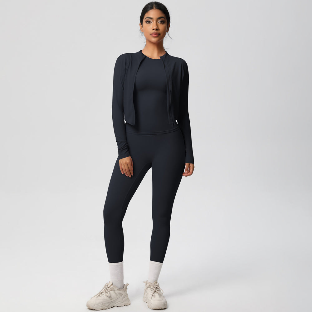European and american nude feel solid color slim-fit top, jacket, and yoga outfit - quick-dry activewear three-piece set for outdoor leisure, running, and fitness