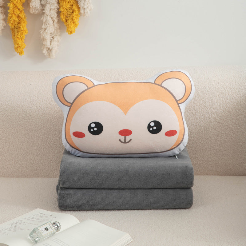 Cartoon plush pillow blanket 2-in-1: foldable throw pillow, quilt, car blanket, office flannel air conditioning blanket