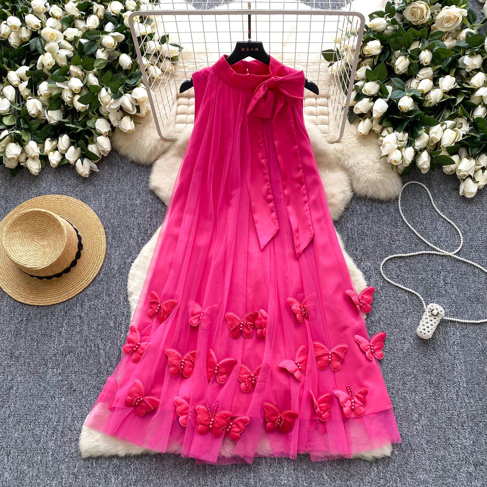 Gentle wind neckline bows strap halter sleeveless dress female french stereo butterfly mesh fairy dress