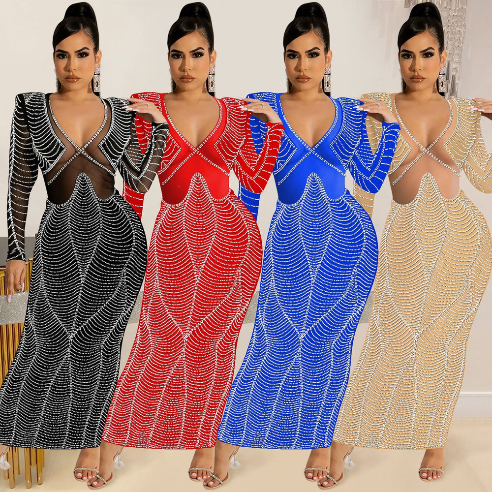 C5912   fashion sexy nightclub hot diamond mesh see-through v neck long sleeves long skirt dress women