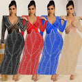 C5912   fashion sexy nightclub hot diamond mesh see-through v neck long sleeves long skirt dress women