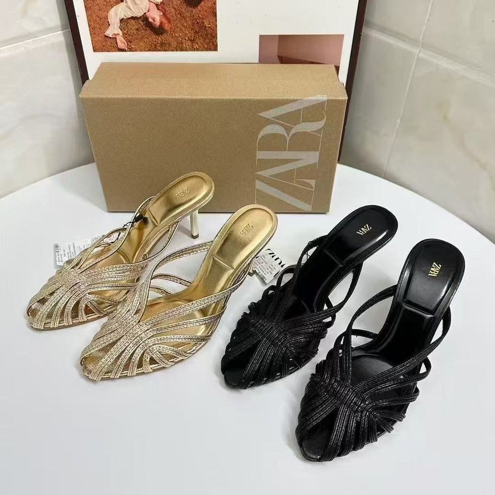 Za retro 2025 summer rhinestone sexy light luxury niche women's shoes outdoor gold high heel sandals