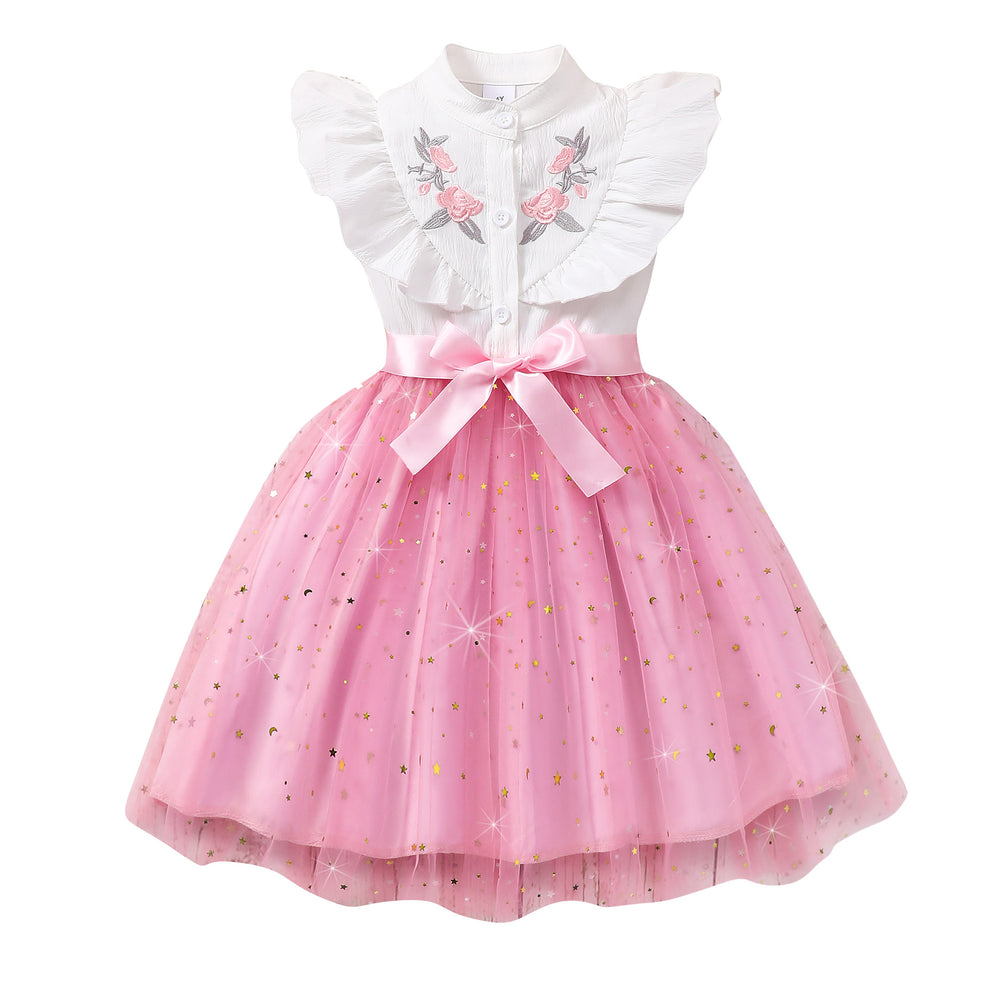 Girls' sleeveless embroidered mesh dress with turn-down collar and woven belt