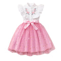 Girls' sleeveless embroidered mesh dress with turn-down collar and woven belt