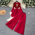 Classy sense of commuting style pleated pleated skirt three-quarter sleeve topshigh waistloose pants women's autumslimming looktwo-piece set