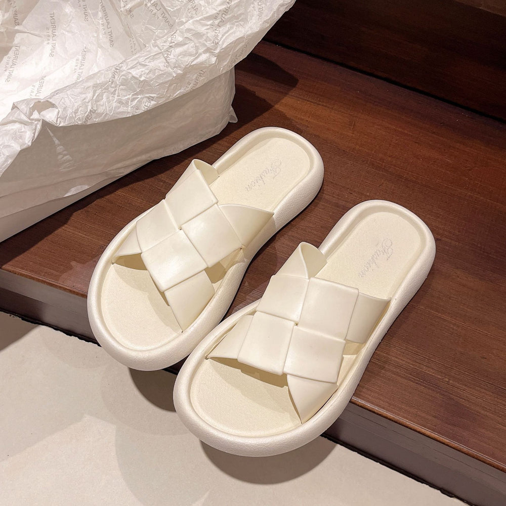 2024 summer new fashion trendy casual outdoor wear one-strap slippers checkered woven flat beach sandals for women