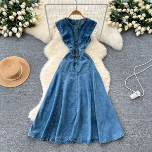 Frenchretroniche stylesense of designrufflespatchworksingle breasted waist denim dress women's sleeveless vest dress