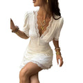 Women's summer new french chic elegant romantic solid color lace trim v-neck short sleeve fitted mini dress