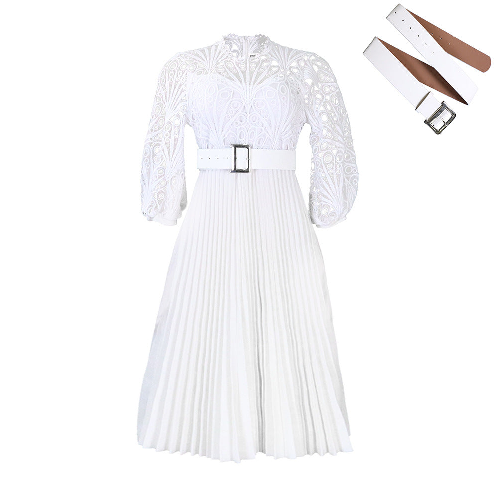 Amazon foreign trade women's clothing  new fashion plus size lace crochet sexy hollow-out pleated european and american style dress