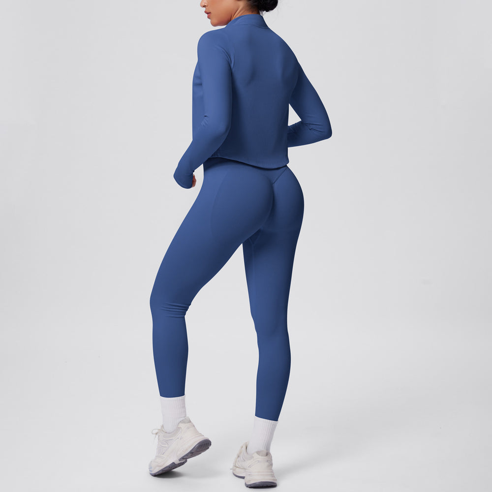 New solid color knitted compression seamless yoga set - quick-dry, breathable, outdoor casual running & fitness 3-piece set