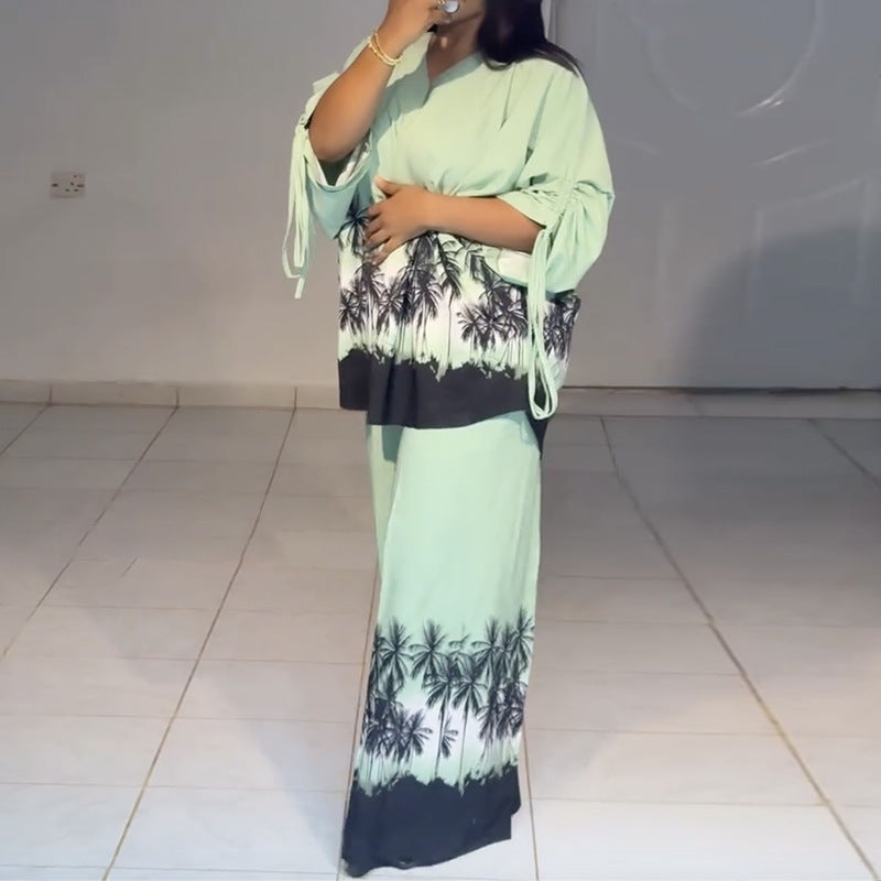 European and american cross-border women's spring  new collection: casual v-neck drawstring printed top and high-waisted wide-leg pants set