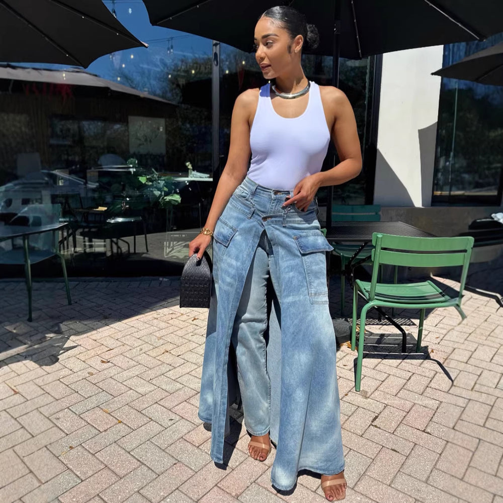 European and american style faux two-piece denim skirt jeans -  cross-border women's fashion streetwear trendy symmetrical slit jeans