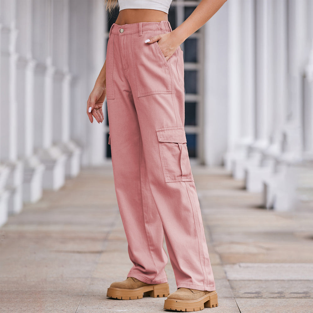 spring european and american cross-border e-commerce women's fashion  new washed semi-elastic waist denim cargo pants
