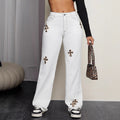 Pre-sale-65723# cross-border foreign trade women's fashion ins straight-leg casual leopard print cross jeans