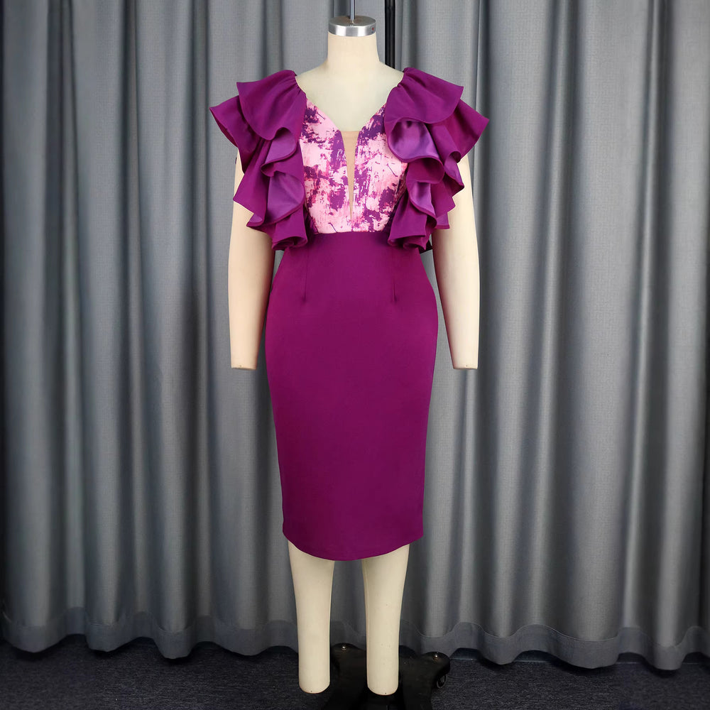 new plus size v-neck ruffle dress - color block sheer bodycon party & evening gown