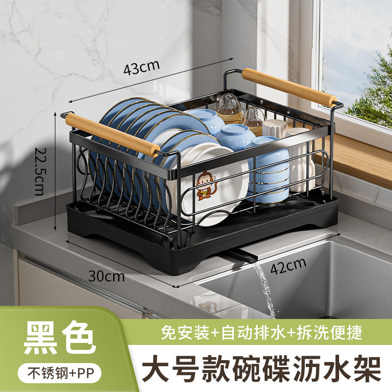 Stainless steel bowl rack, kitchen rack, countertop, household single-layer drain tray rack, large-capacity tableware and dish storage rack