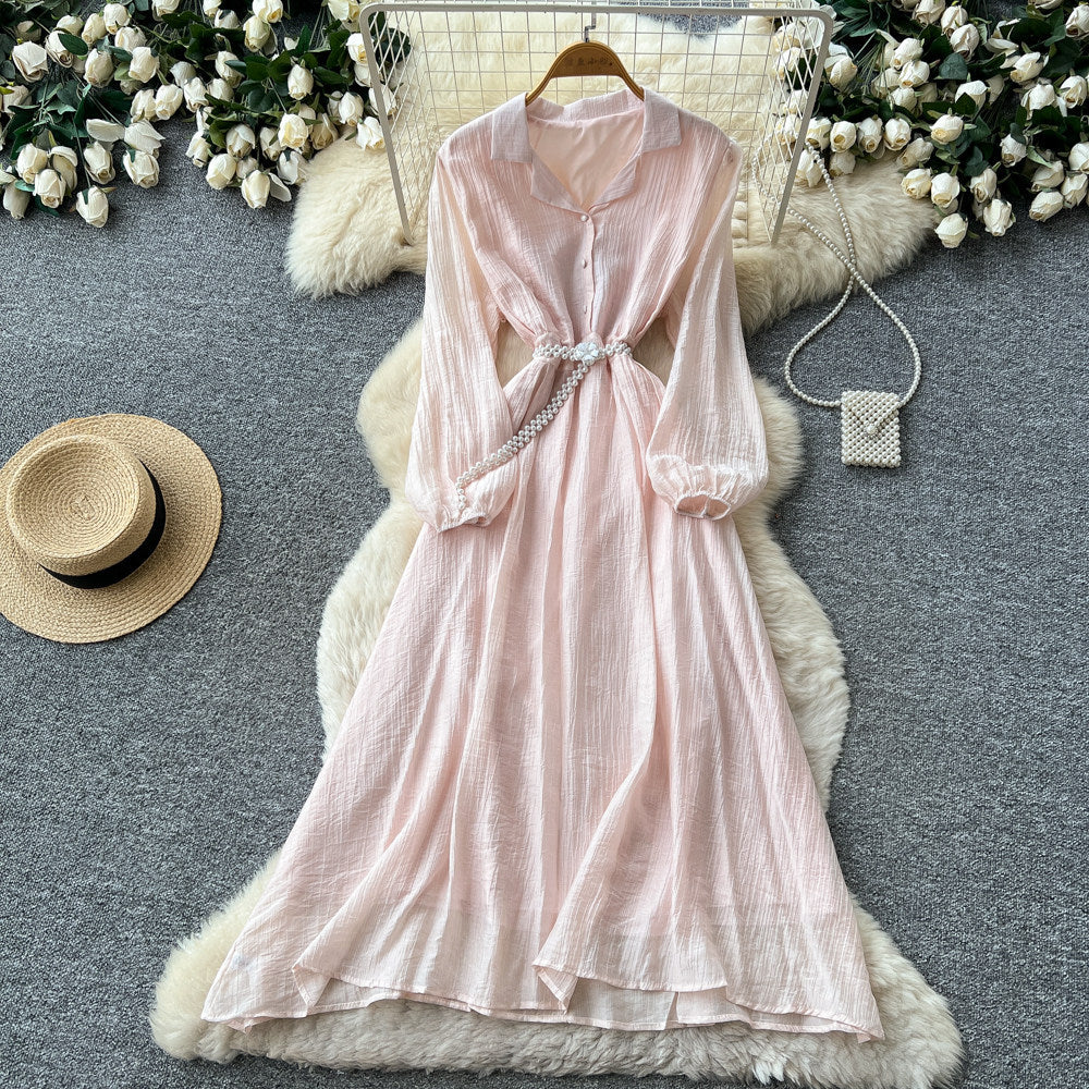 Korean style commute blue ruched long sleeve dress - women's summer slimming a-line elegant maxi dress