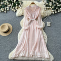 Korean style commute blue ruched long sleeve dress - women's summer slimming a-line elegant maxi dress