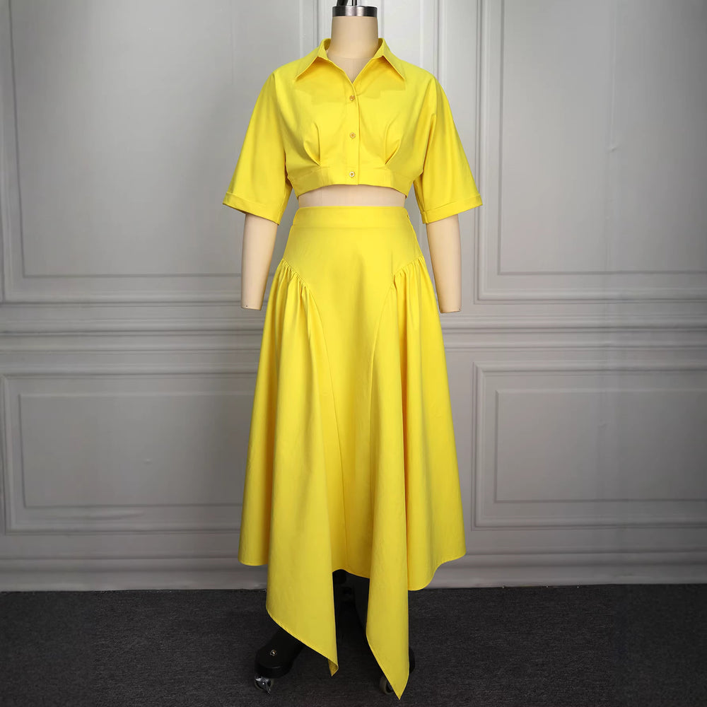 Lapel shortshirtsuit skirt, navel-baring topsasymmetrical pleated skirt, elegant party two-piece set