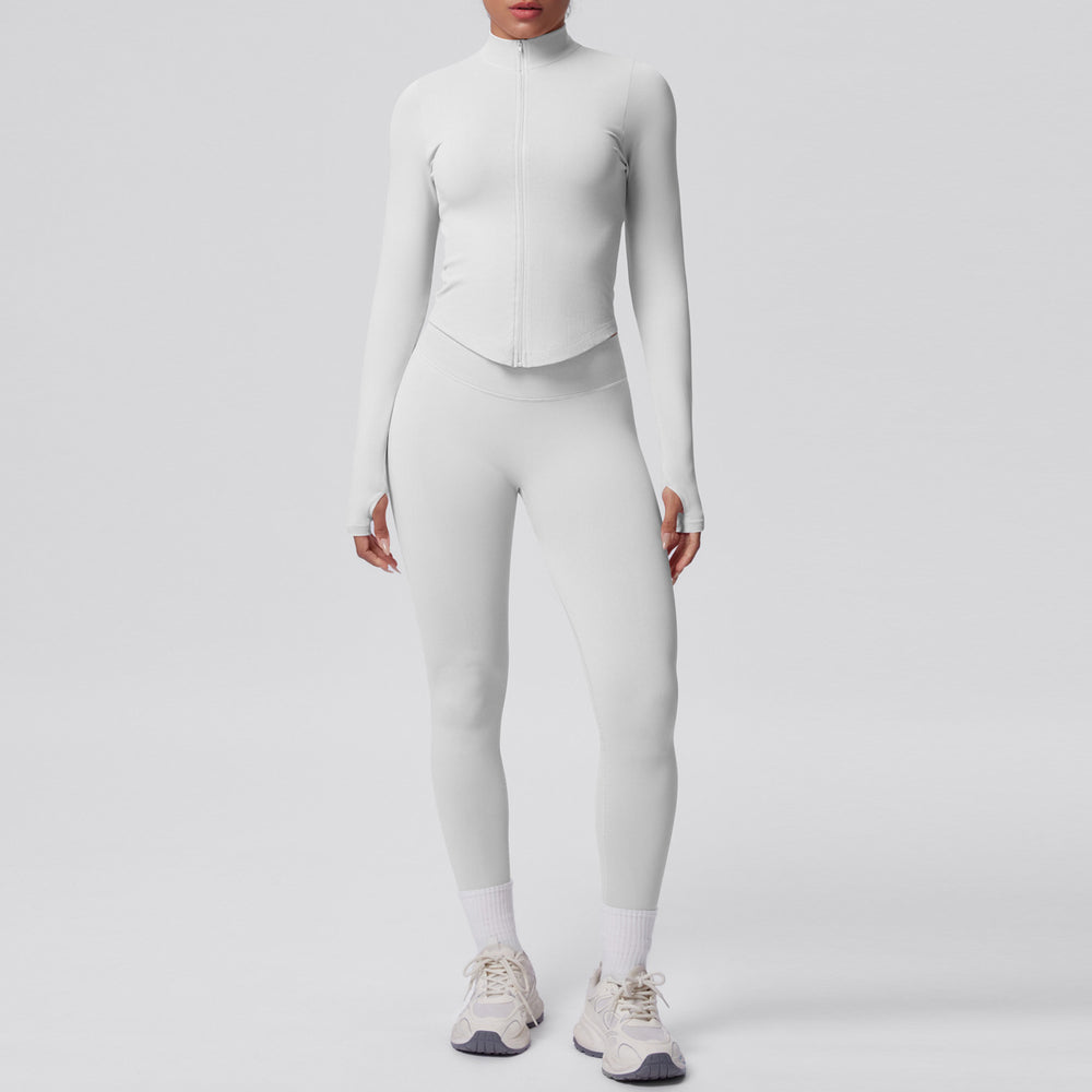 High-waisted, butt-lifting, form-fitting yoga set. solid color, seamless, stand-up collar, longline activewear. perfect for outdoor running and fitness