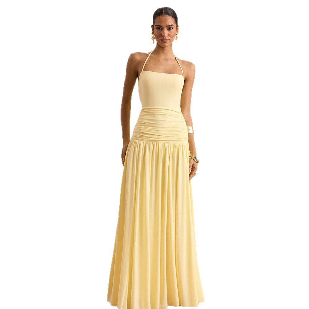 Amazon cross-border fashion style women's eleganthaltertie backbackless suspender waist slimming look pleated dress for women