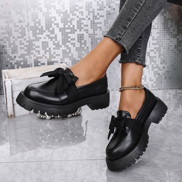 cross-border large size 35-43 black loafers women's niche bow thick bottom small leather shoes retroflats women