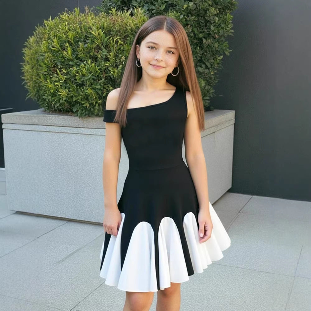 Girls' summer fashion sweet & chic black & white color block asymmetrical one-shoulder ruched waist wave dress