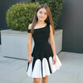 Girls' summer fashion sweet & chic black & white color block asymmetrical one-shoulder ruched waist wave dress