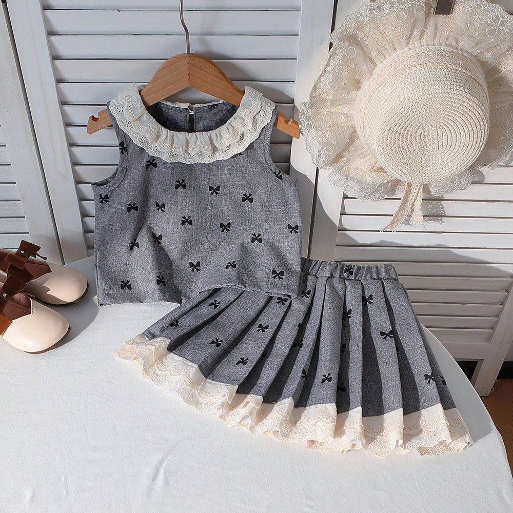spring/summer new arrival: girls' lace ruffle collar tank top + pleated a-line skirt two-piece set (cross-border e-commerce)
