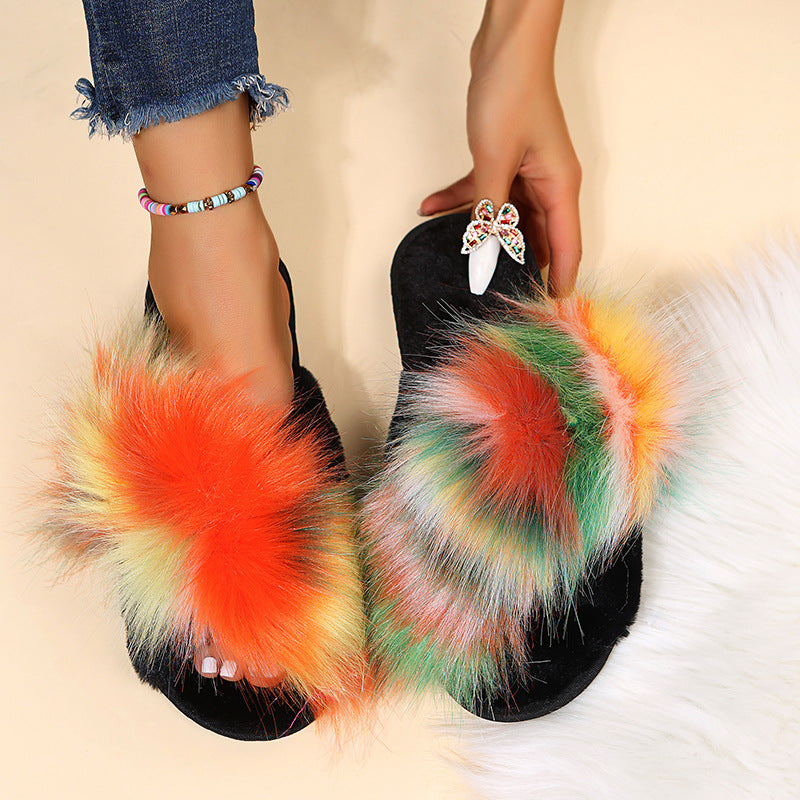 2024 new women's fuzzy clog slippers - cross-strap, flat, long-haired, warm, color-blocked, one-strap plush slippers for autumn/winter export