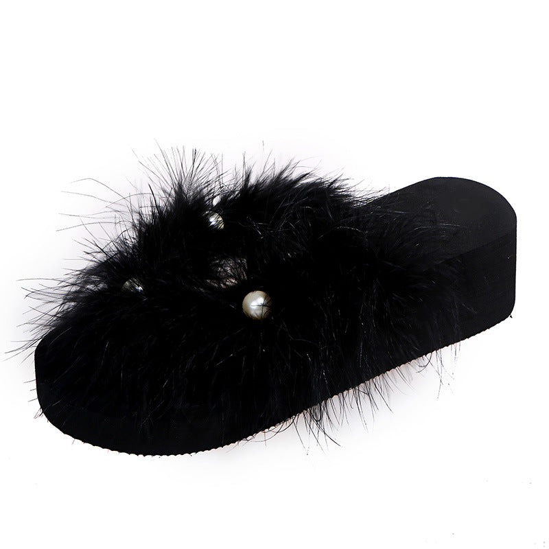 Summernew arrivalplatform shoes bottom real hair feather slippers k-stylethick soleflats flip flops wedge heel women's sandals wholesale