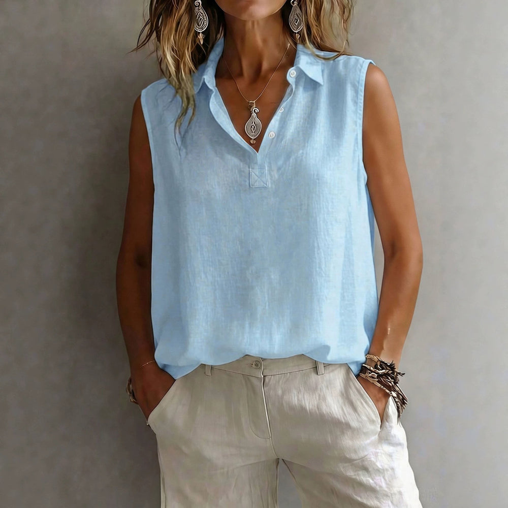 S391612 cross-border wholesale european and american style pure color cotton and linen sleeveless tops women's casual lapel pullover vest vest