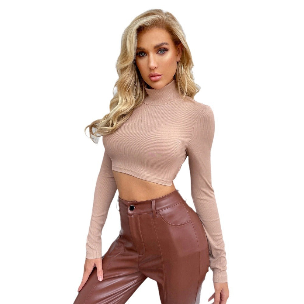 Cross-border European and American independent station 2024 spring and summer sexy backless slim-fit turtleneck versatile long-sleeved T-shirt top bottoming shirt