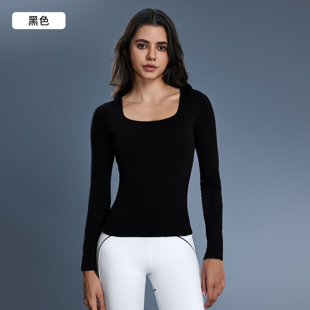 Women's yoga top with built-in bra pads, long sleeve square neck slimming base layer top for autumn - d25176