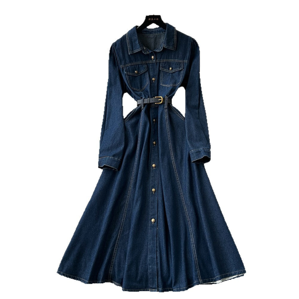 Work clothingretro denim lapel long sleevesnew arrivaldress women's waist slimming look a-line fashion long skirt eleganceelegant