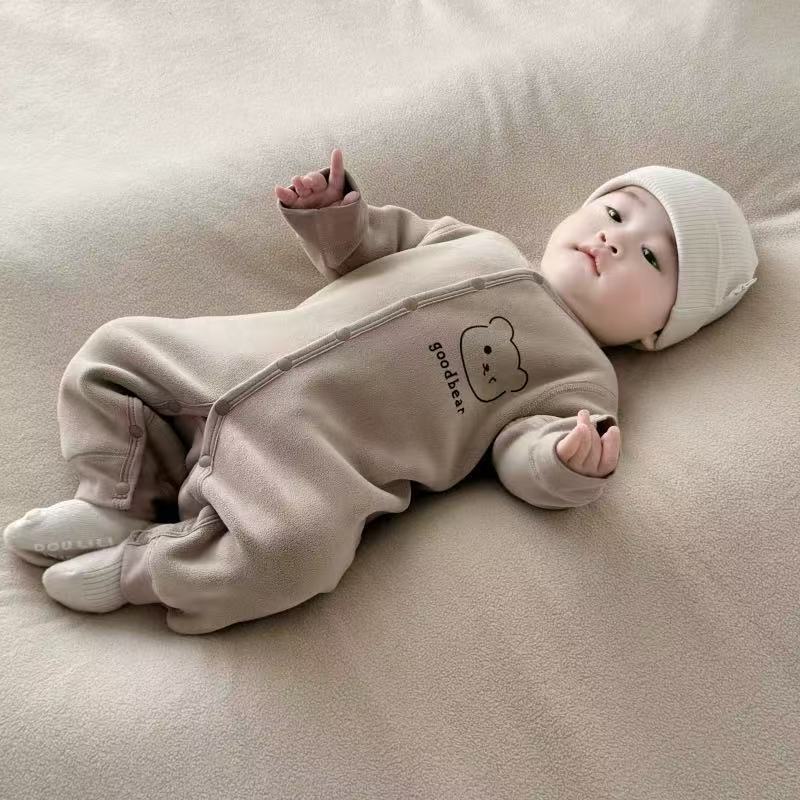 Men's and women's long sleeves baby outing clothes rompers fall and winter baby heattech jumpsuit cartoon fleece-lined khaki kids clothes