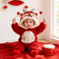 Autumn/winter fleece-lined full month, 100-day, and first birthday baby clothes - unisex chinese style rompers, traditional chinese winter onesies/hoodies